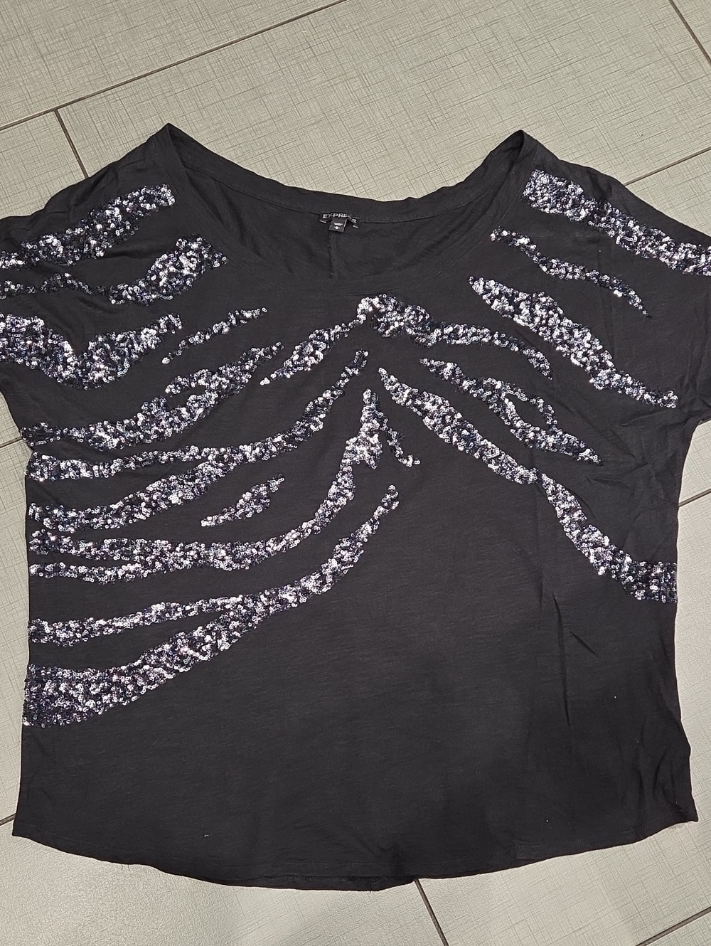 Express Black Short Sleeve Top with Silver Sequin Wave Accents